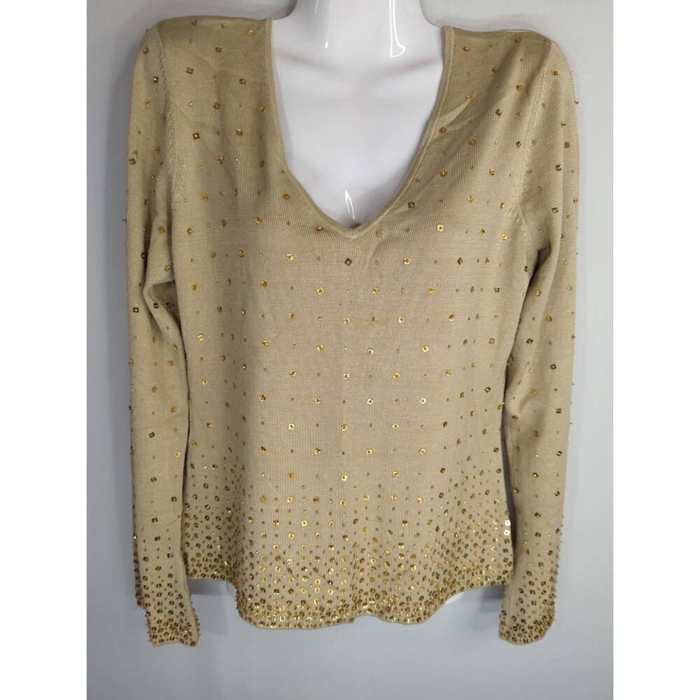 INC International Concepts Women's Sequin V-Neck Long Sleeve Sweaters Tan Medium